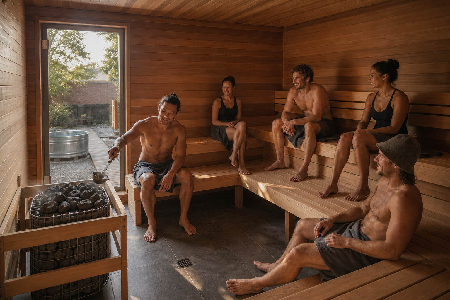 Friends sharing a realistic communal sauna round around a guarded stone heater