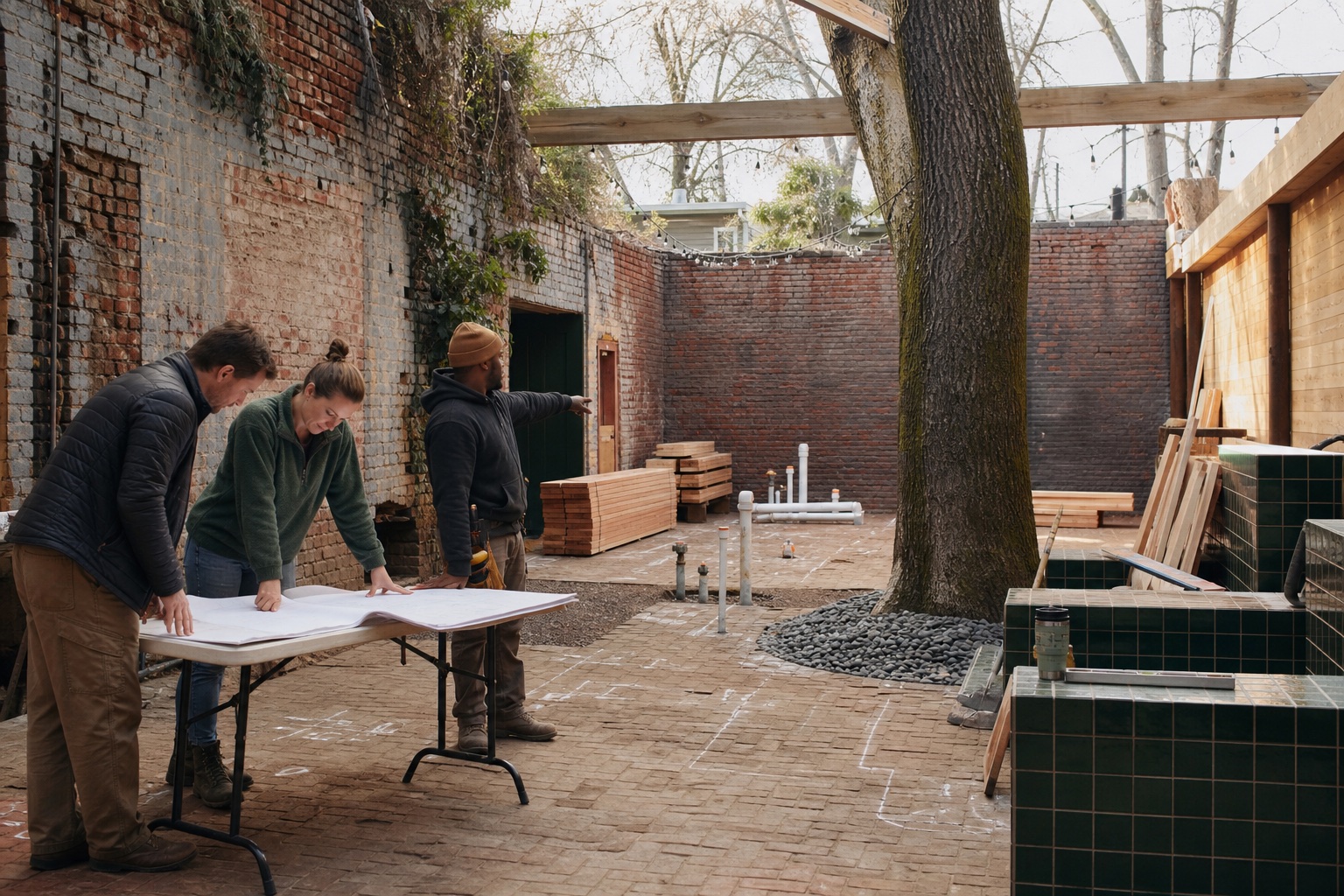 Project team reviewing plans for the future Atlanta Sauna Club